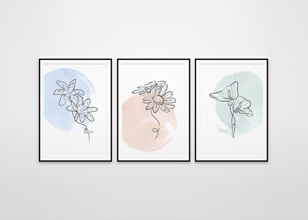 Line Art Flowers Set of 3 Prints, Neutral Wall Decor Poster, Printable ...