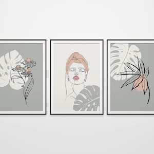 Line Art Woman Printable Art Prints, Positive Wall Decor Set of 3, Minimal Neutral leaf Print, Flower Plants Line Art, Grey Toned Home Decor