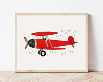 Arte de pared imprimible de avión rojo vintage para habitación de niños / Arte clásico de biplano para habitación de niños / Decoración de guardería de aviación / Arte de transporte para niños