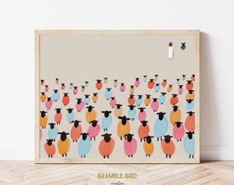 Impression de Jésus laissant les 99 : moutons colorés, décoration d'intérieur chrétienne (téléchargement numérique)