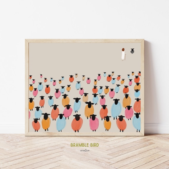 Jesus Leaves the 99 Print: Colorful Sheep Art, Christian Home Decor (Digital Download)