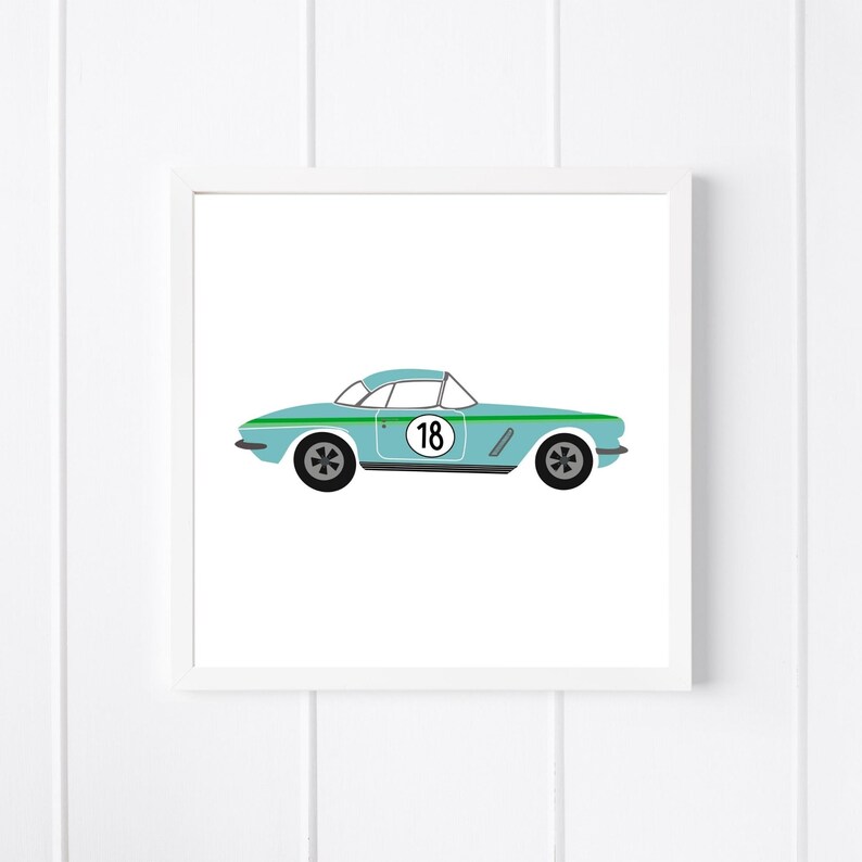 Vintage Blue Race Car Nursery Digital Art Print Classic Car Etsy