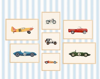 Vintage Car Wall Art – 15-Piece Bundle | Retro Race & Classic Vehicle Prints for Boys Room