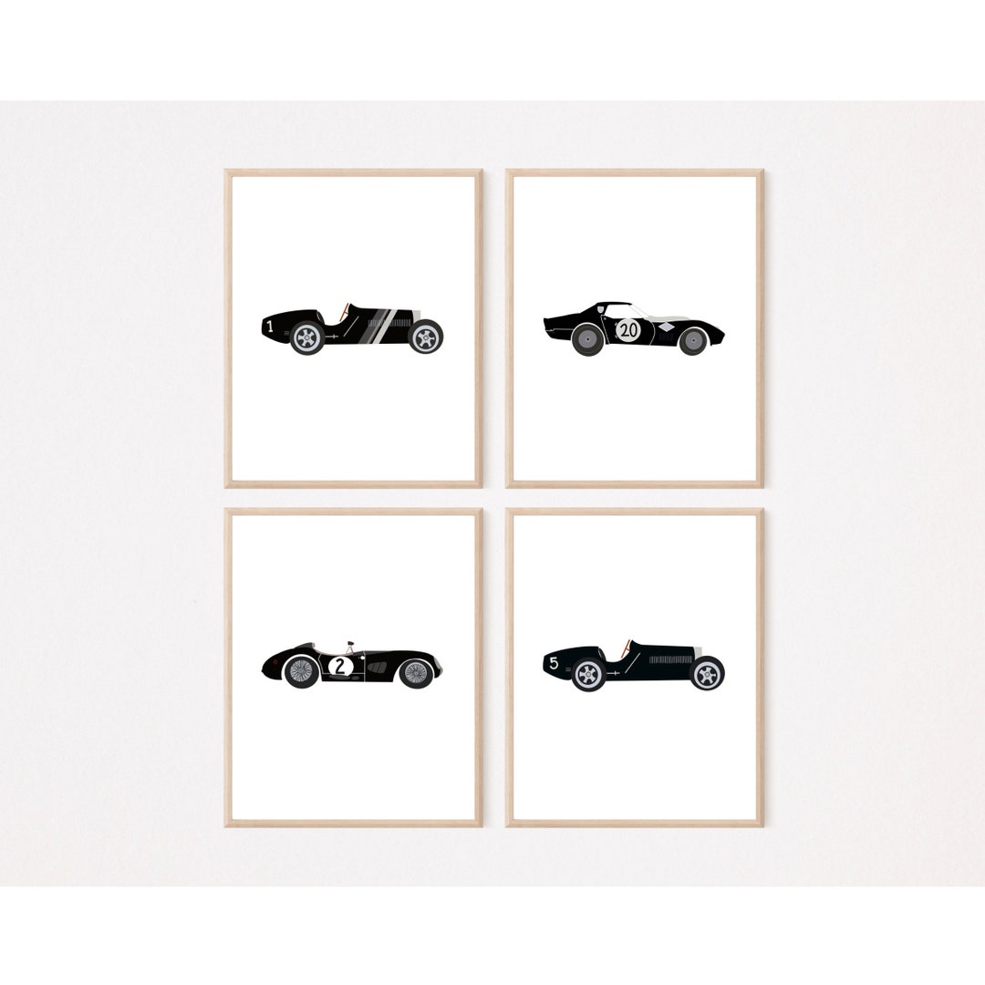 Black and White Race Car Prints set of 4 Etsy