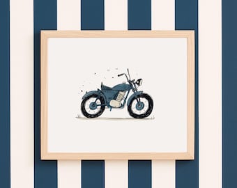 Lámina infantil de motocicleta azul / Arte mural de transporte vintage (descarga digital)