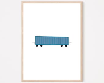 Train Car Digital Print, Blue Train Car Wall Decor, Train Transportation Art, Kids Room Train Art, Nursery Wall Decor