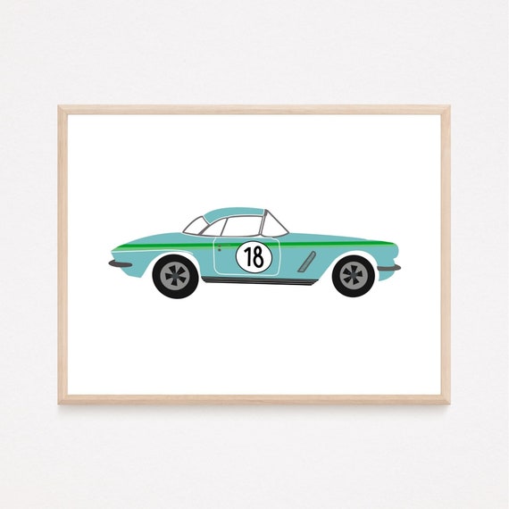 Vintage Blue Race Car Nursery Digital Art Print Classic Car Etsy