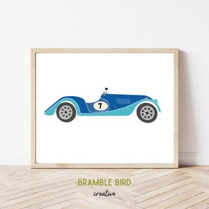 Blue Race Car Art Print: Vintage Nursery Decor (Digital Download)