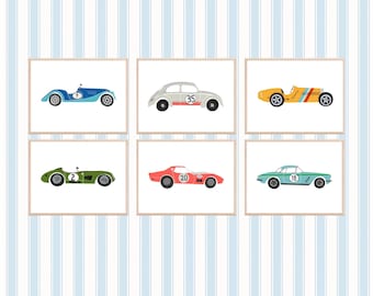 Vintage Rennauto Wand Kunst Bundle - 6er Set Retro Auto Drucke für Jungenzimmer, Kinderzimmer Dekor, Spielzimmer Kunst, sofortiger digitaler Download