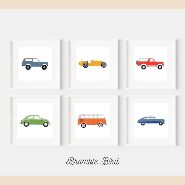 Bundle: Six Vintage Car Digital Print, Classic Cars Bundle, Vintage Car Theme Nursery, Classic Car Nursery Bundle Art Prints, Car Kids Room