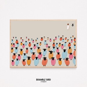 Op de afbeelding: Een digitale illustratie van een herder met een staf die een kudde kleurrijke schapen leidt. De schapen zijn in verschillende tinten roze, oranje, blauw en geel. De achtergrond is licht beige.