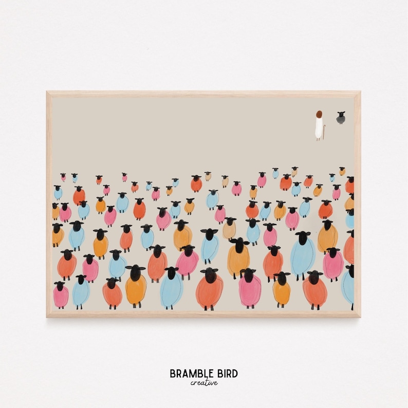 Op de afbeelding: Een digitale illustratie van een herder met een staf die een kudde kleurrijke schapen leidt. De schapen zijn in verschillende tinten roze, oranje, blauw en geel. De achtergrond is licht beige.