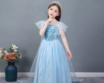 Frozen elsa costume dress Anna wand tiara gloves blue dress party Disney princess  girl clothing birthday book week halloween ice queen