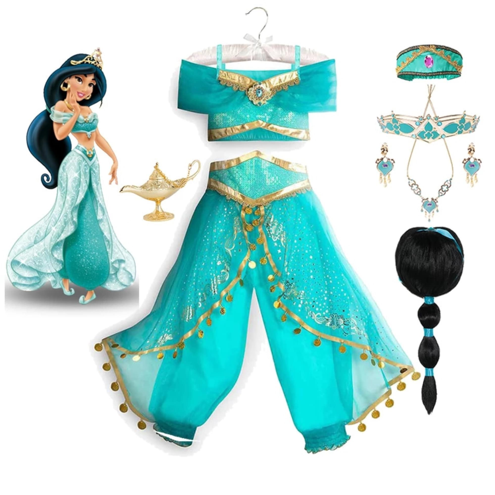 Jasmine Costume for Girls Blue Princess Halloween Birthday Cosplay Party  Dress 