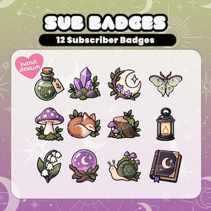 May include: A set of 12 digital subscriber badges featuring hand-drawn illustrations of a potion bottle, purple crystals, a crescent moon, a moth, a mushroom, a fox, a tree stump, a lantern, lily of the valley, a crystal ball, a snail, and a book.