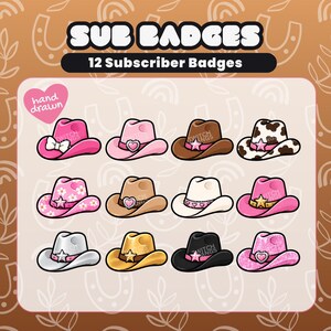 Può includere: Un set di 12 badge digitali per abbonati con vari design di cappelli da cowboy in colori tra cui rosa, marrone, bianco, nero, oro e stampa mucca. Alcuni cappelli presentano elementi decorativi come stelle, cuori, fiori e fiocchi.