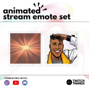 May include: Animated stream emote set with two designs. One features a burst of orange and brown light, the other a smiling person with a yellow jacket. The text "animated stream emote set" is at the top.