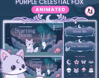 Peut inclure: Un pack de streaming premium Twitch intitulé Purple Celestial Fox avec des graphismes animés. Comprend des écrans Starting Soon et Stream Ending, des panneaux About Me et New Subscriber, et des badges avec des illustrations de renard.