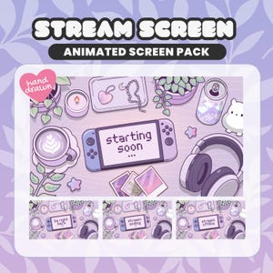 Peut inclure: Une illustration numérique d'une configuration de jeu dans des tons violets, comprenant une console portable avec le texte starting soon, une tasse de café, un casque, une bougie, un plateau avec des bijoux, des plantes et trois écrans.