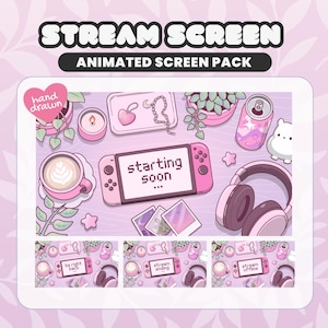 May include: An animated stream screen pack featuring a pink aesthetic with a handheld gaming console displaying text like starting soon, be right back, stream ending, and stream offline. Includes illustrations of a coffee cup, headphones, and plants.