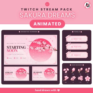 Puede incluir: Un paquete de streaming para Twitch titulado Sakura Dreams que incluye pantallas animadas, paneles e insignias de suscriptor. El diseño presenta ramas de cerezo en flor sobre un fondo circular, con texto como Starting Soon y Be Right Back.