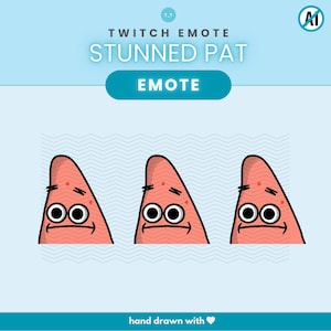 Peut inclure: Un graphique numérique présentant trois personnages d'étoile de mer identiques avec une peau rose, de grands yeux blancs à pupilles noires et une expression stupéfaite. Le texte indique TWITCH EMOTE STUNNED PAT EMOTE et hand drawn with a heart.