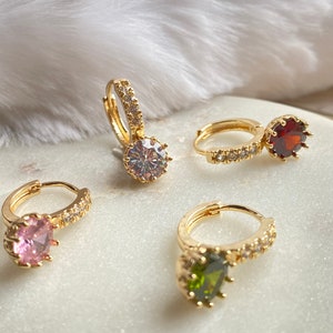 Circular Stone Huggie Earrings, 18K Gold Filled