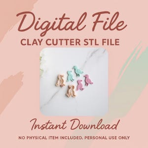 May include: A digital file image featuring six bird-shaped clay cutters in various pastel colors: beige, teal, and pink. The words "Digital File" and "Clay Cutter STL File" are displayed in a cursive font. The phrase "Instant Download" is also visible.
