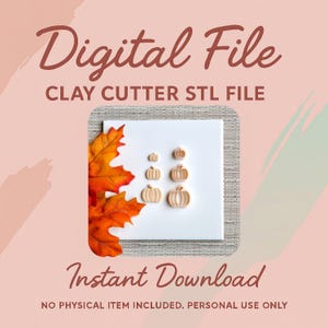 Puede incluir: Archivo digital para archivo STL de cortador de arcilla. La imagen muestra una colección de cortadores de arcilla con forma de calabaza en varios tamaños, dispuestos sobre una superficie blanca. La imagen incluye el texto "Descarga instantánea" y "No se incluye ningún artículo físico".