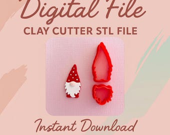 May include: A digital file for a clay cutter in the shape of a gnome. The image shows a finished gnome and the red plastic cutter pieces. The text reads "Digital File", "Clay Cutter STL File", and "Instant Download".
