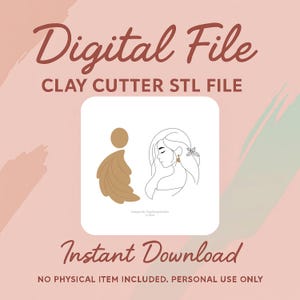 Puede incluir: Gráfico de archivo digital con texto "Digital File" y "Clay Cutter STL File". La imagen presenta dos ilustraciones: una forma abstracta dorada y un dibujo lineal de una mujer. El texto en la parte inferior dice "Instant Download".