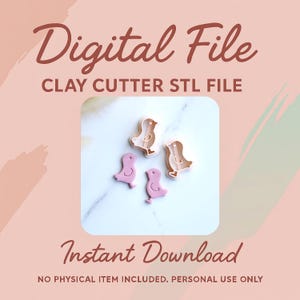 Puede incluir: La imagen muestra cuatro cortadores de arcilla con forma de pájaro en rosa y beige. Se puede ver el texto "Digital File", "CLAY CUTTER STL FILE" e "Instant Download". También está presente el texto "NO PHYSICAL ITEM INCLUDED. PERSONAL USE ONLY".