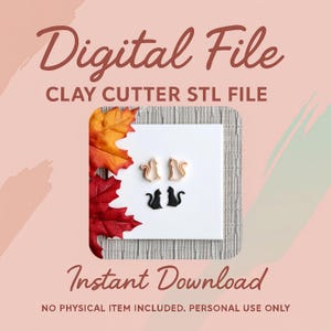 Pode incluir: Gráfico de arquivo digital com o texto "Digital File" e "Instant Download". A imagem apresenta arquivos STL de cortadores de argila de esquilos e gatos. Folhas de outono emolduram a imagem em um fundo rosa.