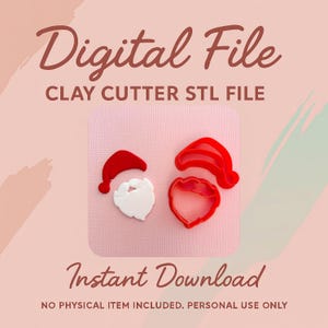May include: A digital file with Santa Claus-themed clay cutter STL files. The image shows a red Santa hat, a white beard, and a red beard-shaped cutter. The text reads "Digital File", "Clay Cutter STL File", and "Instant Download".