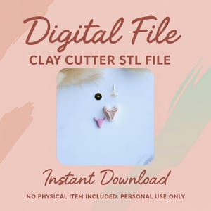 May include: Digital file image for clay cutters. The image includes the text "Digital File" and "Instant Download". The image shows a small pink bull head clay cutter, a beige bull head clay cutter, a small gold stud, and a small black stud.