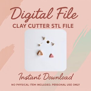 May include: Digital file for clay cutter STL file. The image shows a white square with small clay cutters and pins. The text "Instant Download" is displayed in a cursive font. The background is a light pink color.