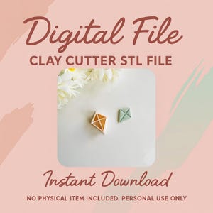 May include: The image displays two clay cutters, one diamond-shaped and the other square, on a white surface. The text "Digital File" and "Instant Download" are visible. The background is a soft pink with a floral arrangement.