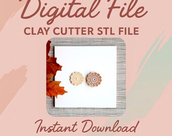 May include: A digital file image with the text "Digital File" and "Clay Cutter STL File." Two clay cutter designs are displayed, one beige and one brown, with intricate floral patterns. The words "Instant Download" are also visible.