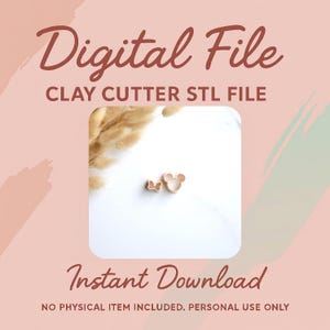 May include: Digital file for clay cutter STL file. The image shows two clay cutters, one shaped like a bow and the other like a mouse head. The text "Instant Download" is also visible.