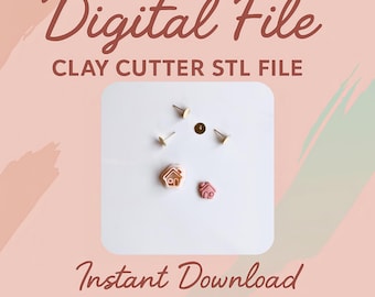 May include: A digital file graphic with the text "Digital File" and "Clay Cutter STL File". The image includes small clay cutter samples shaped like houses and push pins. The text "Instant Download" is also present.