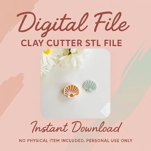Könnte beinhalten: Digitales Datei-Bild mit zwei muschelförmigen Ton-Ausstechern. Einer ist orange und der andere hellgrün. Der Text "Digital File" und "Instant Download" wird in Kursivschrift angezeigt. Der Text "CLAY CUTTER STL FILE" wird ebenfalls angezeigt.