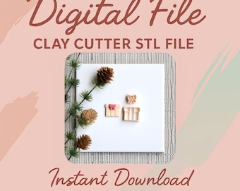 May include: Image of a digital file for clay cutters. The image shows three clay cutter designs: two gift boxes and a bow. The text "Digital File," "Clay Cutter STL File," and "Instant Download" are displayed.