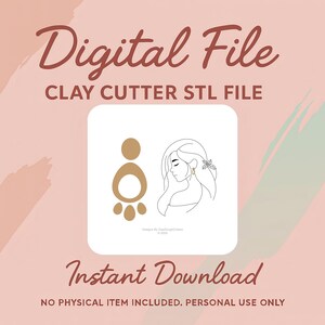 Peut inclure: Graphique de fichier numérique avec le texte "Digital File" et "Clay Cutter STL File". L'image comprend un design de boucle d'oreille dorée et un dessin au trait d'une femme. Le texte "Instant Download" est également présent.