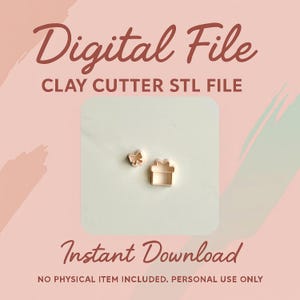 Puede incluir: Imagen de un archivo digital con el texto "Digital File" e "Instant Download". La imagen presenta dos archivos STL de cortador de arcilla: un lazo y una caja de regalo. El fondo es rosa suave con un cuadrado blanco.