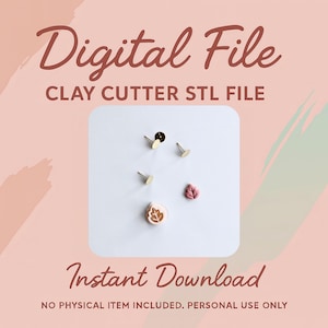 May include: A digital file graphic with the text "Digital File" and "Clay Cutter STL File." The image shows clay cutters in the shape of leaves and a leaf-shaped clay earring. The words "Instant Download" are also visible.