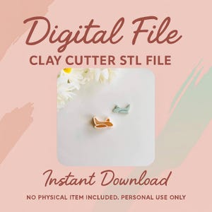 Op de afbeelding: Afbeelding van een digitaal bestand voor een kleisnijder STL-bestand. De afbeelding toont twee kleine vliegtuigvormige kleisnijders, één oranje en één blauw. De tekst "Digital File" en "Instant Download" worden weergegeven.