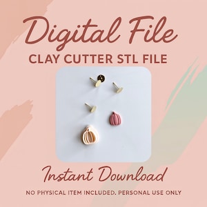 May include: Image of a digital file for clay cutters. The image shows a white square with gold-colored earring posts and two small pumpkin-shaped clay pieces. The text "Digital File" and "Instant Download" are displayed.