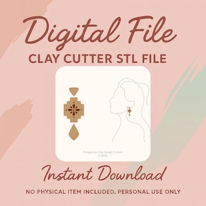 Op de afbeelding: Digitale bestand voor kleisnijder STL-bestand. De afbeelding toont een ontwerp van oorbellen en het profiel van een vrouw. De woorden "Digital File" en "Instant Download" zijn in cursief geschreven. De achtergrond is lichtroze.