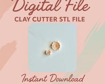 Puede incluir: Imagen de un archivo digital con el texto "Digital File" y "CLAY CUTTER STL FILE". Se muestran dos cortadores de arcilla: un lazo y una flor. También se muestra el texto "Instant Download".