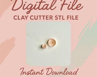 Puede incluir: Imagen de un archivo digital con el texto "Digital File" y "CLAY CUTTER STL FILE". La imagen presenta dos cortadores de arcilla: un lazo y una flor. También está presente el texto "Instant Download".
